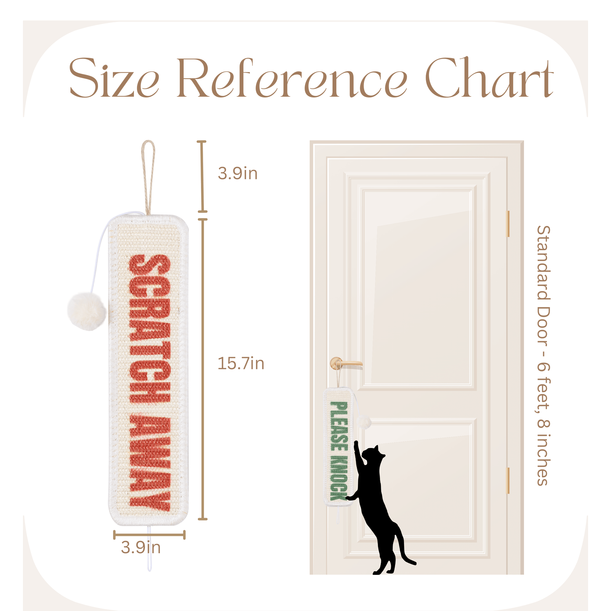 Size chart for 3-in-1 Hanging Sisal Scratch Mat with dimensions and cat illustration next to a door.