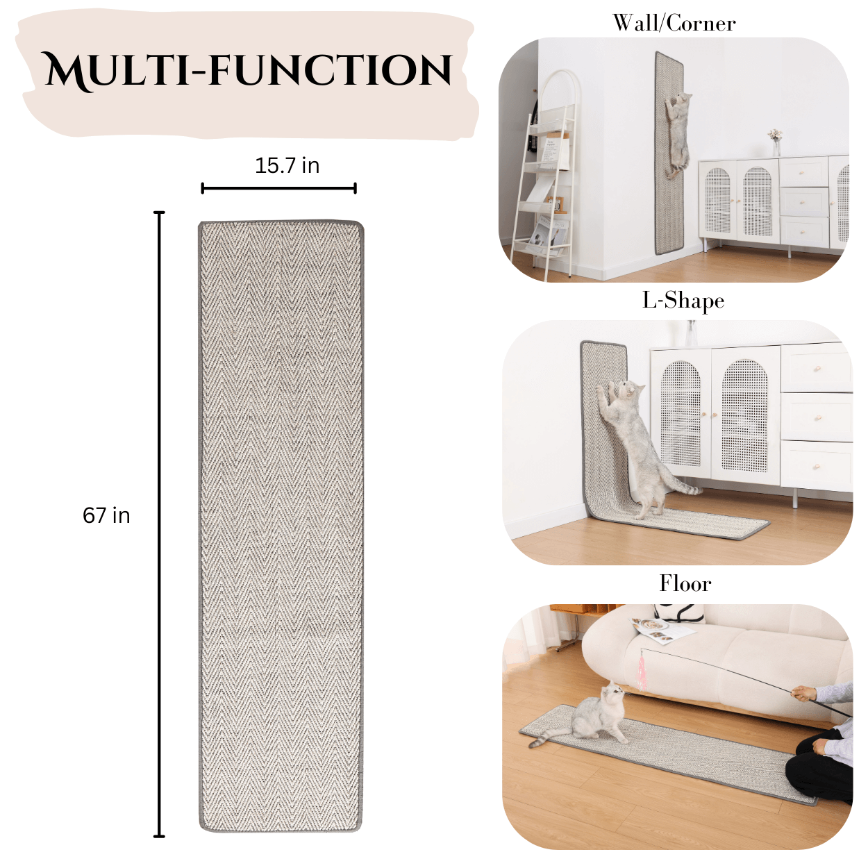 Boho-Style Scratch-able Runner for cats, multi-functional design for wall, L-shape, and floor use, promotes stretching and play.