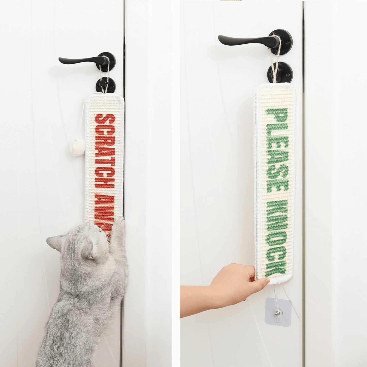 Cat using Furrther's 3-in-1 Sisal Scratch Mat with "Scratch Away" and "Please Knock" signs on door handle.