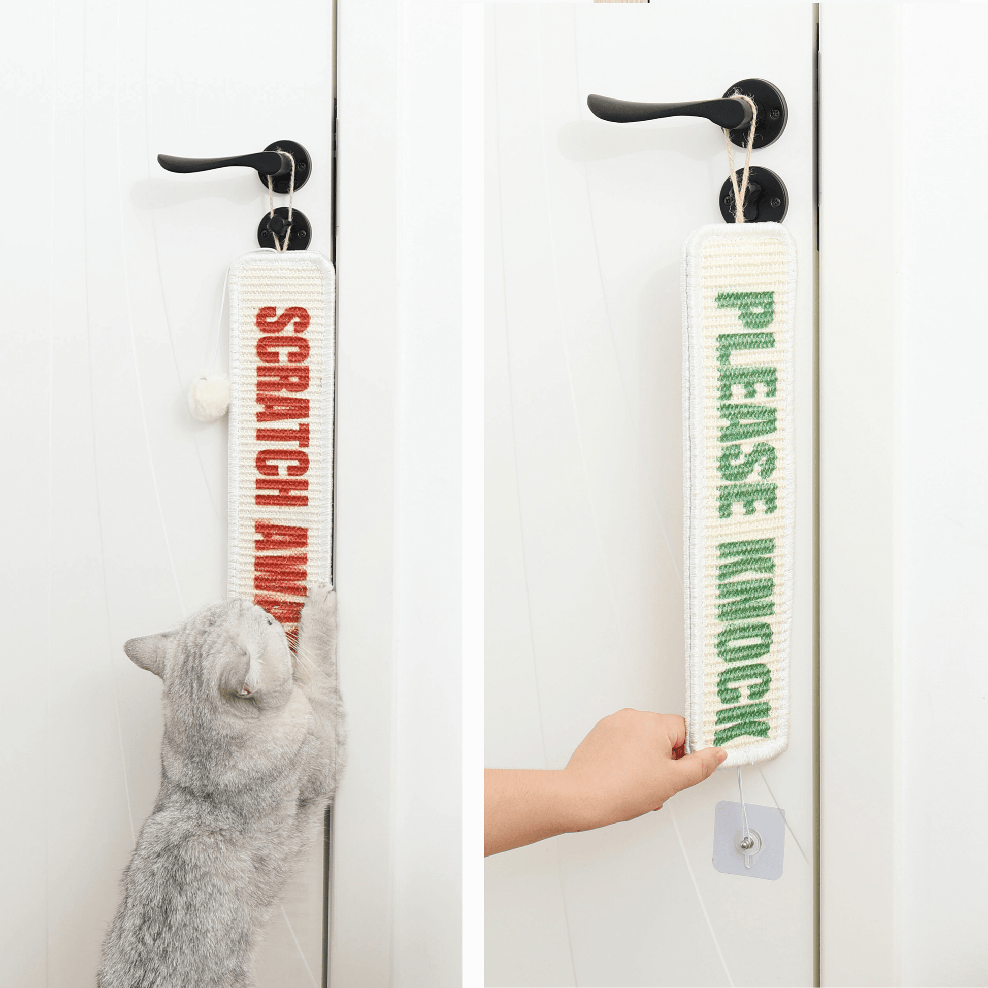 Cat using Furrther's 3-in-1 Sisal Scratch Mat with "Scratch Away" and "Please Knock" signs on door handle.