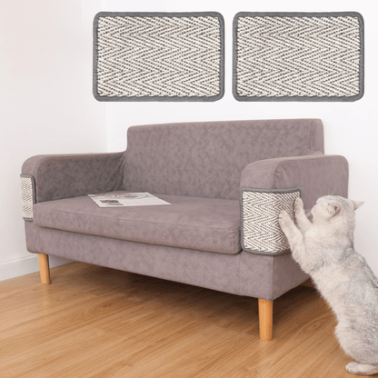 Cat scratching Boho-style natural sisal mat on sofa arm, with additional mats displayed on the wall.