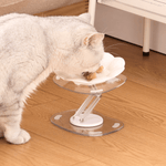 Cat dining from an adjustable elevated feeding stand on a wooden floor.