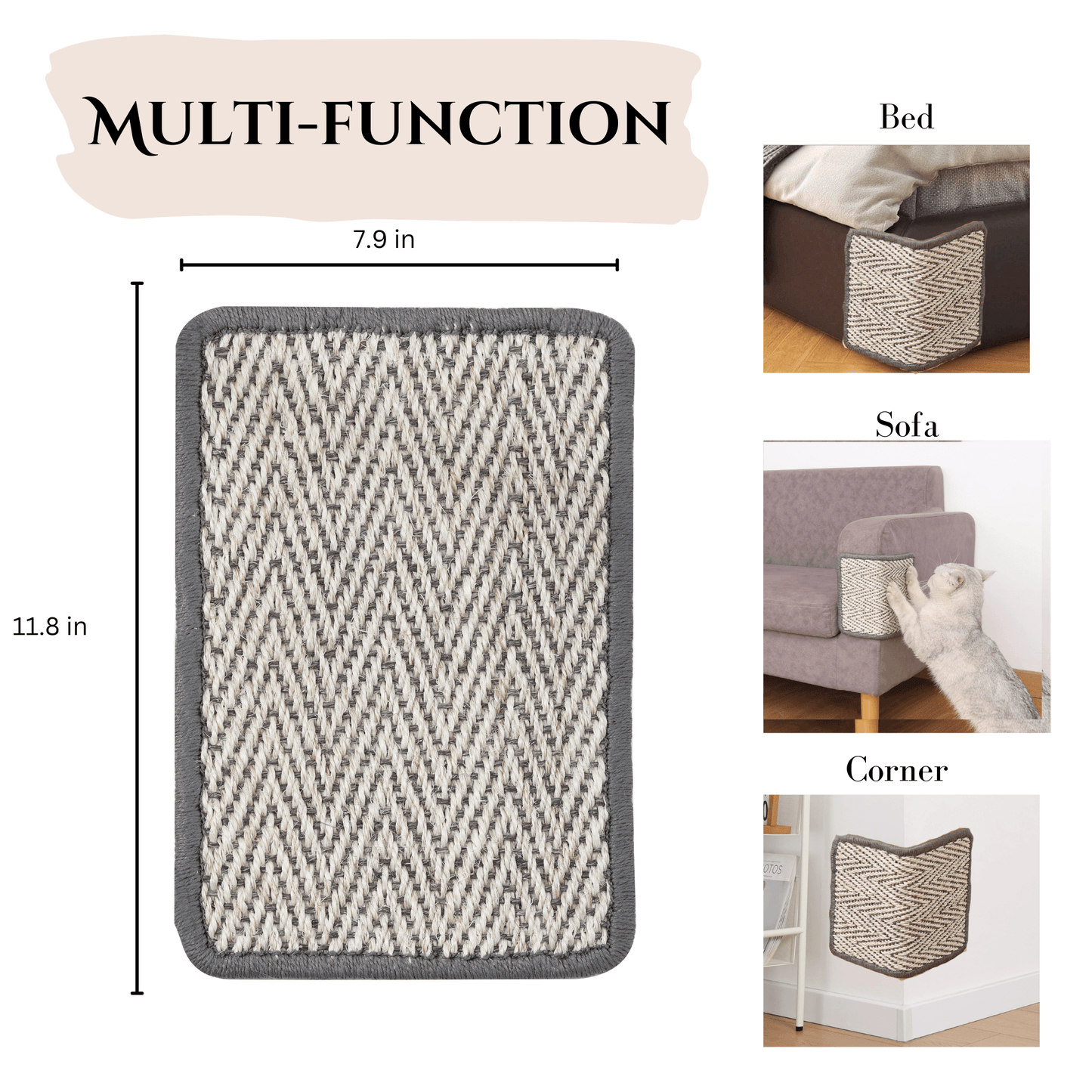 Multi-function Boho-Style Natural Sisal Scratching Mat with dimensions, shown used on bed, sofa, and corner for cats.