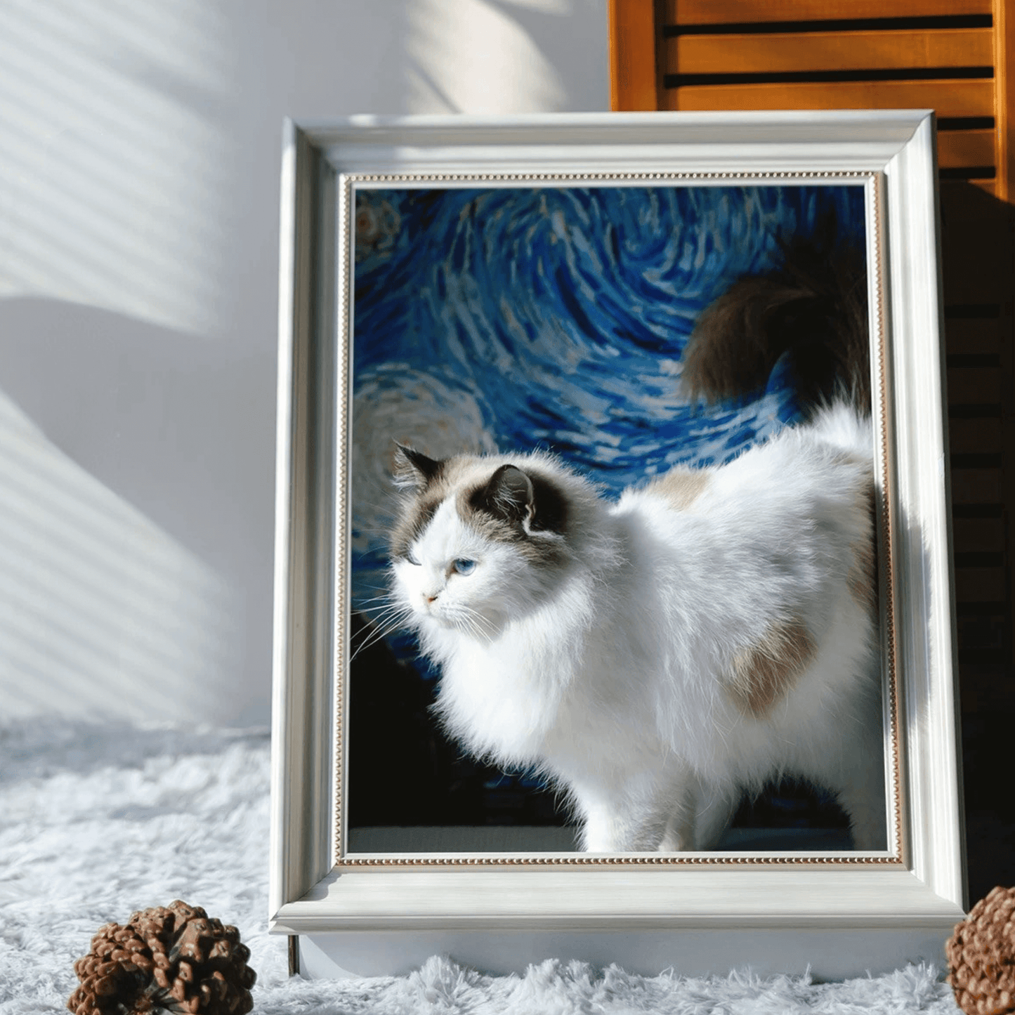 cute cat inside a Elegant cat cave and scratcher inspired by Starry Night painting, featuring a fluffy white cat in a stylish frame.