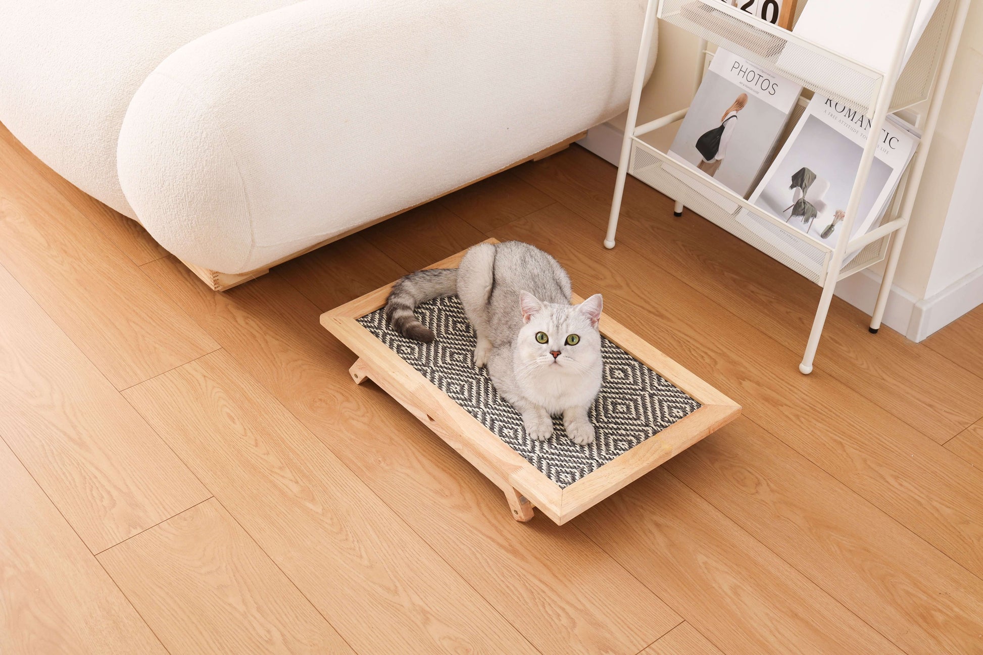 Cat lying on a boho-style sisal scratching mat in a modern living room.