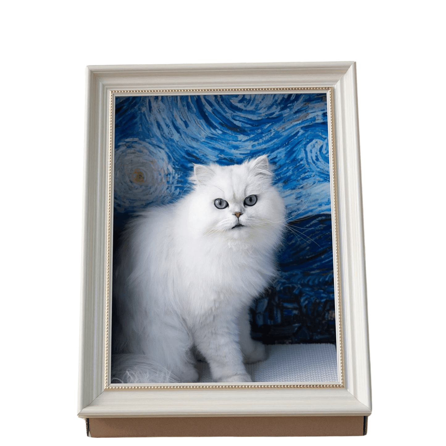 Cute white cat posing inside the 'Starry Night' Oil Painting Cat Cave Scratcher.