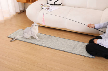 Cat playing on a Boho-style scratchable runner mat, perfect for stretching and exercise, in a living room setting.