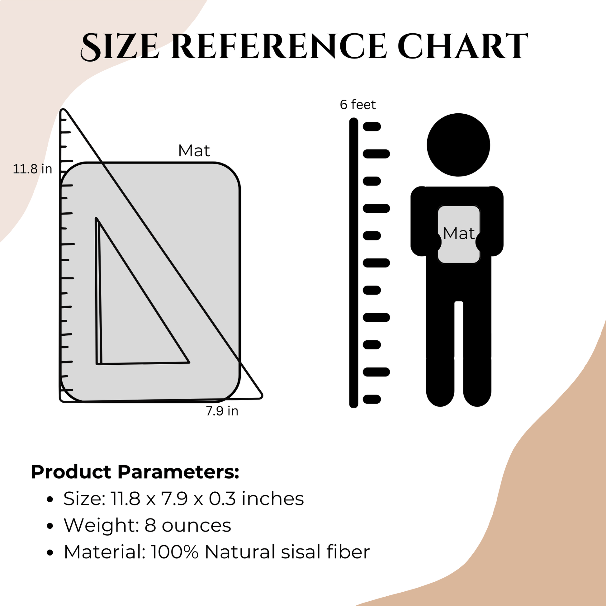 Size reference chart for Boho-Style Natural Sisal Scratching Mat, 11.8 x 7.9 inches, 8 ounces, made of 100% sisal fiber.