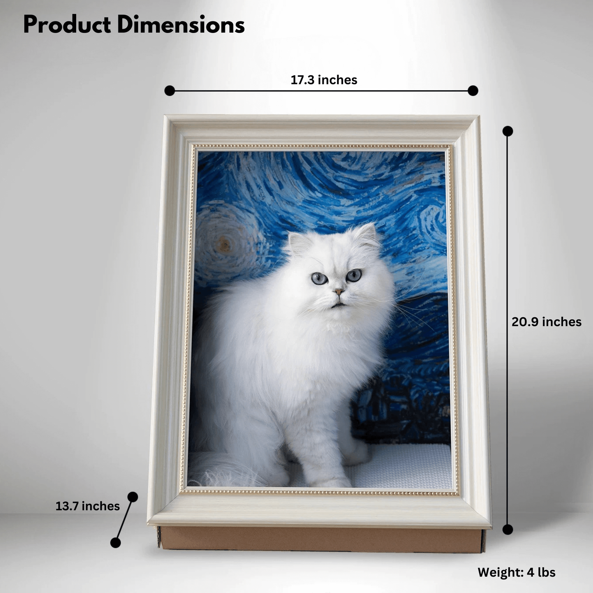 Dimensions of the Starry Night 3-in-1 Oil Painting Cat Cave Scratcher with a fluffy white cat