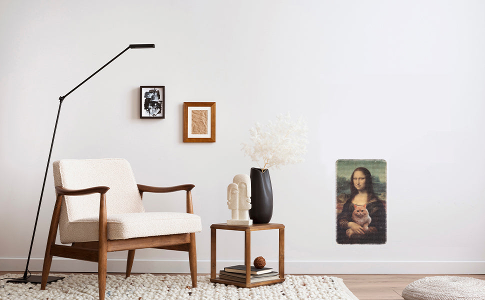 A Mona Lisa patterned sisal scratching mat on a wall in a living room 