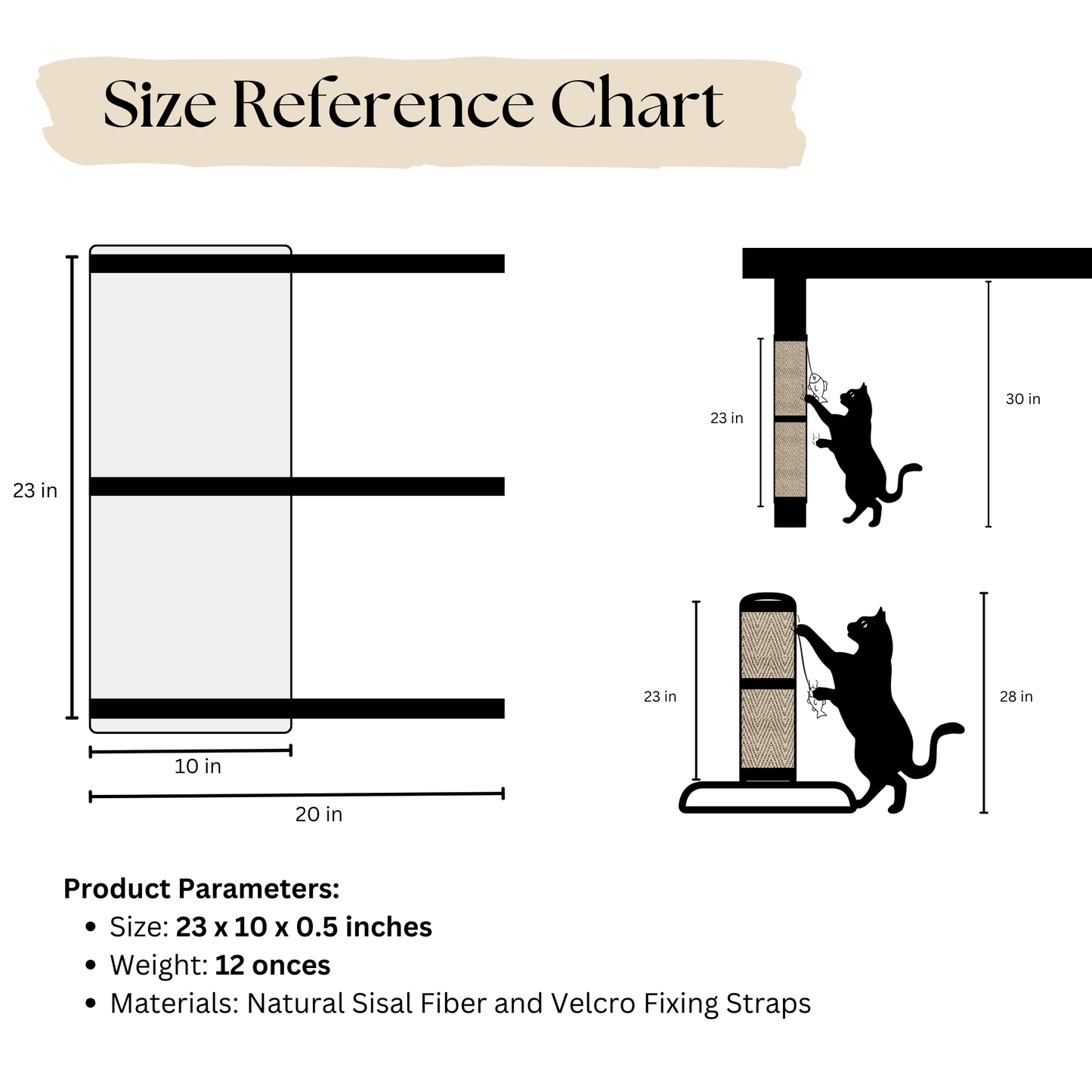 Size reference chart for Multi-Use Table Leg Protector showing dimensions and materials including sisal and Velcro.